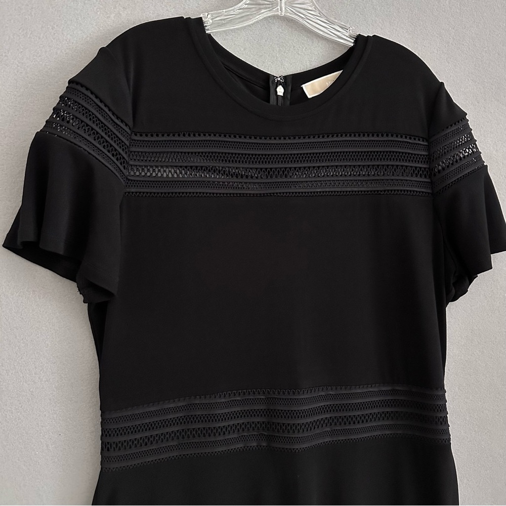 Michael Kors Black A-Line Dress Short Sleeve Ruffle Hem Crew Neck Mesh Insets XL - Picture 4 of 11